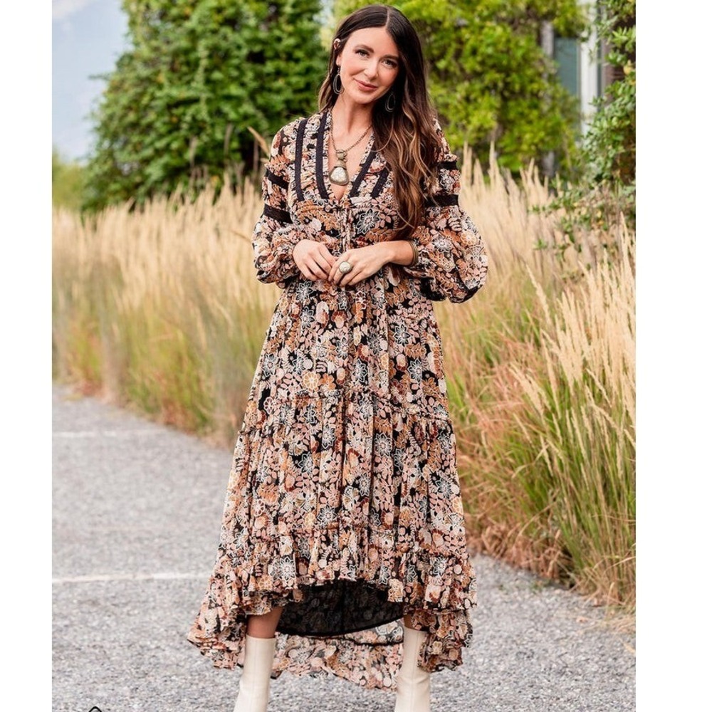 Free People Cassis Chiffon Floral Maxi Dress Floral High Low Lace NWT Medium
